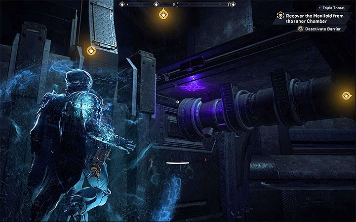 The third hint is the small symbol below the bridge leading to the gates - Triple Threat | Anthem story missions walkthrough - Story missions - Anthem Guide