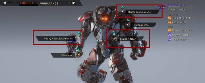 Ordnance Launcher Gear is a set of additional skills that you will find under the Q key - Colossus class javelin in Anthem - Javelin Classes - Anthem Guide