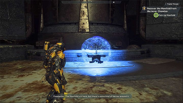 After defeating the three enemies, approach the Manifold surrounded by a barrier - How to deactivate the barrier (Triple Threat mission) in Athem? - Puzzles solutions - Anthem Guide