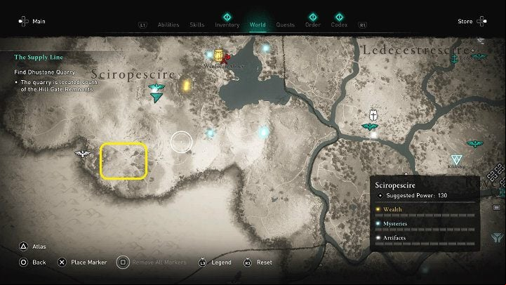 You will find the quarry south of the refugee camp, behind the remains of the Hill Gate Remnants - Assassins Creed Valhalla: The Supply Line - Sciropescire - Assassins Creed Valhalla Guide and Walkthrough