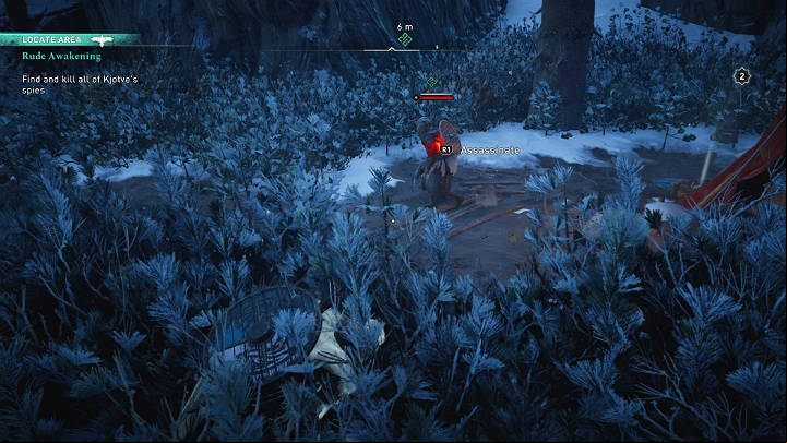 Crouch in the bushes and whistle to attract the attention of the soldier standing by the tent - Assassins Creed Valhalla: Rude Awakening - Rygjafylke - Assassins Creed Valhalla Guide and Walkthrough