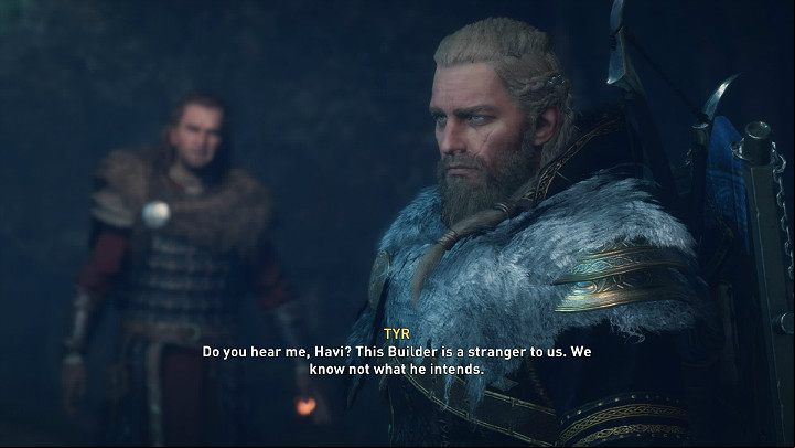 In the spacious grotto, you'll run into Tyr, who speaks about the Builder's request with concern - Assassins Creed Valhalla: Well-Traveled - Asgard - Assassins Creed Valhalla Guide and Walkthrough