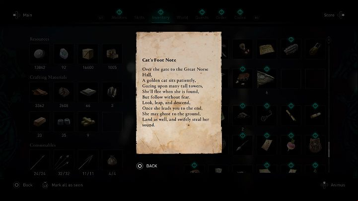 You can find a clue regarding where to find this ingredient by reading a note in your inventory' story items section - Assassins Creed Valhalla: A Felines Foothall - Asgard - Assassins Creed Valhalla Guide and Walkthrough