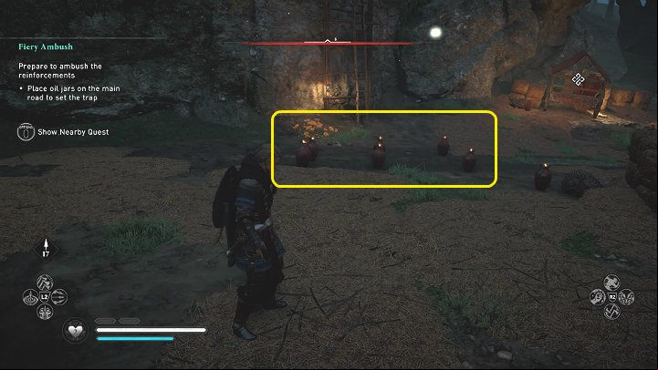 Place red oil jugs on the main road, at the point marked in the picture above, to set a trap for incoming soldiers and do the most damage - Assassins Creed Valhalla: Fiery Ambush - Oxenefordscire - Assassins Creed Valhalla Guide and Walkthrough