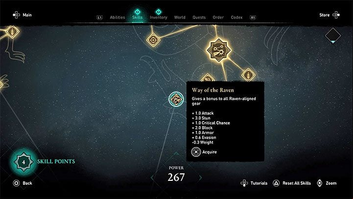 If, as suggested earlier, you have acquired the complete set of Hidden Ones / Assassin gear, then from the skill tree you should also choose bonuses for raven school gear (better attacks, blocks, stuns, dodges and critical damage, less weight and better armor) - Assassins Creed Valhalla: Best build - assassin - Basics - Assassins Creed Valhalla Guide and Walkthrough