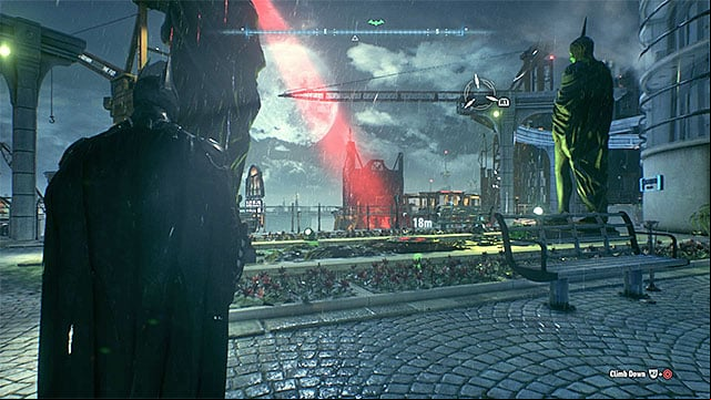 Find the pressure plate on the bridge between the skyscrapers - Riddler trophies on Founders Island (1-16) | Collectibles - Founders Island - Collectibles - Founders Island - Batman: Arkham Knight Game Guide & Walkthrough