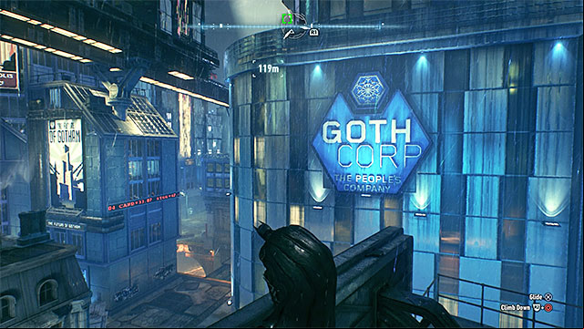 The logo can be found on one of the walls of the skyscraper - Riddles on Founders Island | Collectibles - Founders Island - Collectibles - Founders Island - Batman: Arkham Knight Game Guide & Walkthrough