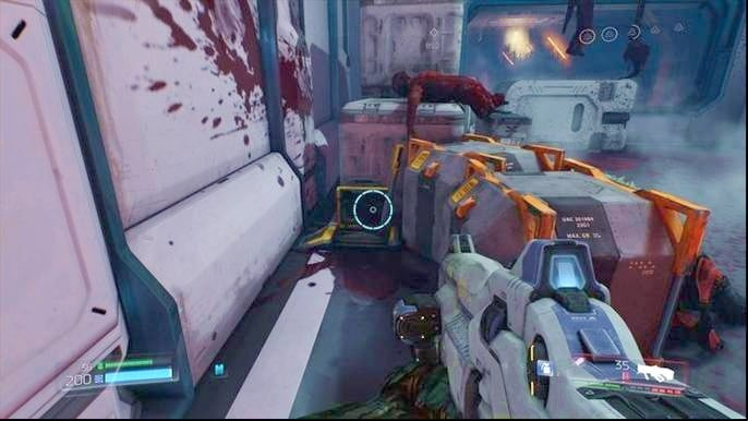 But before you jump down, first use the lever hidden behind the chests on the right - Doom: All secrets in VEGA Central Processing - Secrets - Doom Game Guide & Walkthrough