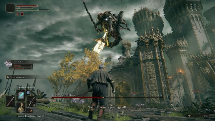 In general, you have to run far away from him, provoke him to use jumps, and after dodging them, retreat to a safe distance and counter with spells - Elden Ring: How to beat Margit The Fell Omen? - Stormhill - Elden Ring Guide