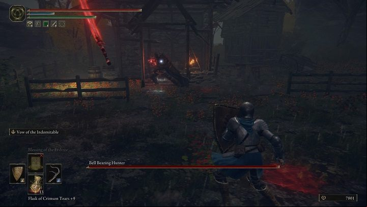 The boss can also shoot a red stream at you, which is best avoided by dodging to the side - Elden Ring: How to beat Bell Bearing Hunter? - Stormhill - Elden Ring Guide