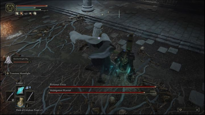 Tricia will hide behind a shield - break her guard with jumping attacks or heavy, charged attacks - Elden Ring: How to beat Perfumer Tricia and Misbegotten Warrior? - Altus Plateau - Elden Ring Guide