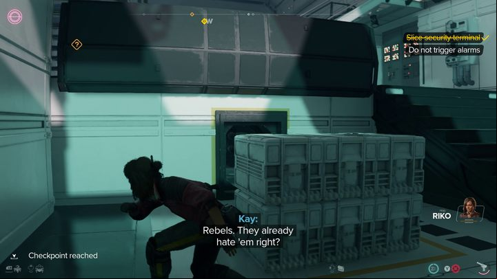 Hack the terminal nearby, collect the data you need, then quickly jump into the vent on the left - Star Wars Outlaws: Truth - walkthrough - Epilogue - Star Wars Outlaws Guide