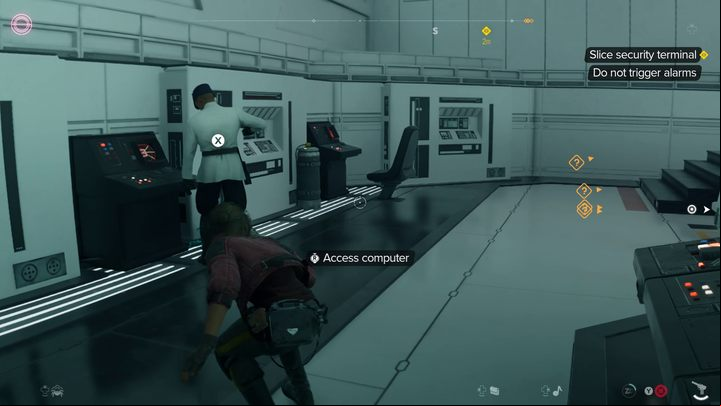 Reach the very end of the balcony and quickly jump down to the floor below through the hole in the railing - Star Wars Outlaws: Truth - walkthrough - Epilogue - Star Wars Outlaws Guide