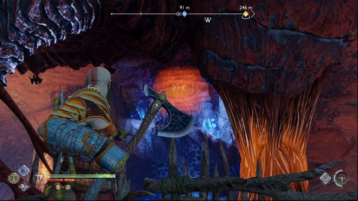 Go through the narrow crack in the wall and jump down to the lower level - God of War Ragnarok: Song of the Sands - walkthrough - Favors - Alfheim - God of War Ragnarok Guide