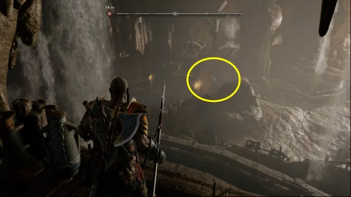 The 3rd rune is on the right side of the chest, obscured by the waterfall - God of War Ragnarok: The Applecore, Svartalfheim - secrets, collectibles - Svartalfheim - God of War Ragnarok Guide