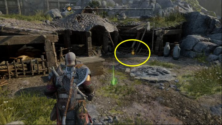 The scroll lies near the campfire site, under a dilapidated roof - God of War Ragnarok: The Forge, Svartalfheim - secrets, collectibles - Svartalfheim - God of War Ragnarok Guide