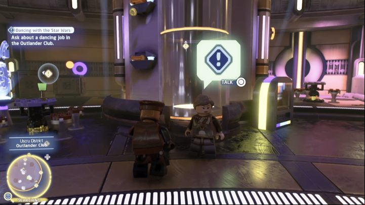 While controlling Han Solo from episode 7, talk to the quest giver at the Outlander Club in Uscru - LEGO Skywalker Saga: Dancing with the Star Wars - walkthrough - Coruscant - Uscru district - LEGO Skywalker Saga Guide