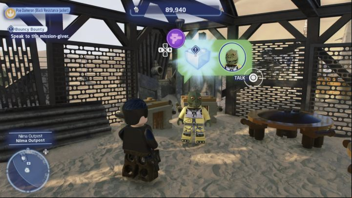 As a Scoundrel, talk to the questgiver in Niima village and accept the quest - LEGO Skywalker Saga: Bouncy Bounty - walkthrough - Jakku - Niima Settlement - LEGO Skywalker Saga Guide