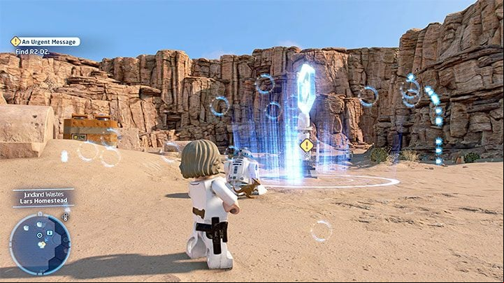 After the cutscene, you will receive a task to find R2-D2 - LEGO Skywalker Saga: Hunk of Junk - walkthrough - Episode 4 - A New Hope - LEGO Skywalker Saga Guide