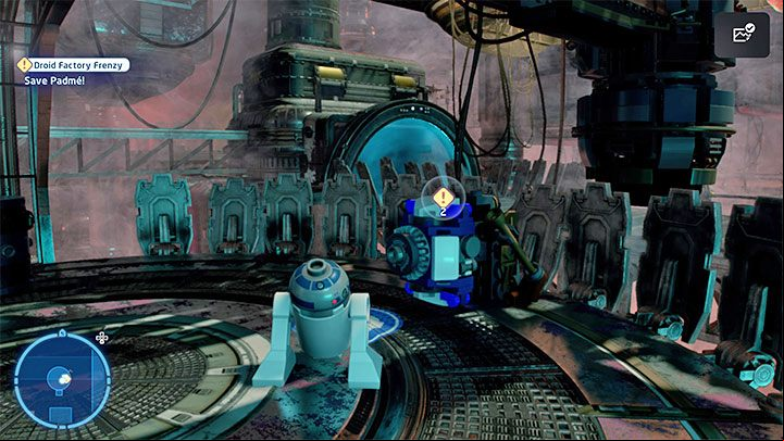 In order to save Pe, you also have to interact with the blue terminal and if you want to get the No Hanging Around challenge, hurry up to complete the mini-game of matching the rings - LEGO Skywalker Saga: Droid Factory Frenzy - walkthrough - Episode 2 - Attack of the Clones - LEGO Skywalker Saga Guide