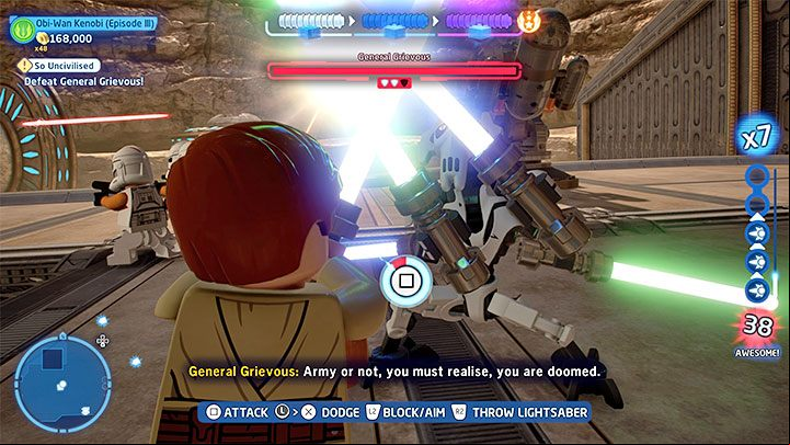 While fighting Grievous you'll sometimes have to overpower him during blade locks and outmaneuver him during fencing sequences - this happens each time you deplete one of his health bars - LEGO Skywalker Saga: General Grievous - boss, how to beat? - Bosses - LEGO Skywalker Saga Guide