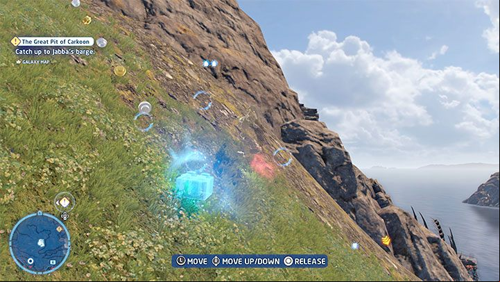 The game suggests that to solve the puzzle, you need to descent after you are above the collectible - LEGO Skywalker Saga: Temple Island - list of all puzzles - Ahch-To - LEGO Skywalker Saga Guide