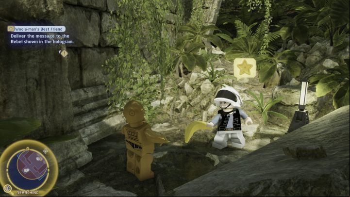 The person you're looking for is in the forest, in the south-western part of the region - LEGO Skywalker Saga: Woola-mans Best Friend - walkthrough - Yavin 4 - The Great Temple - LEGO Skywalker Saga Guide