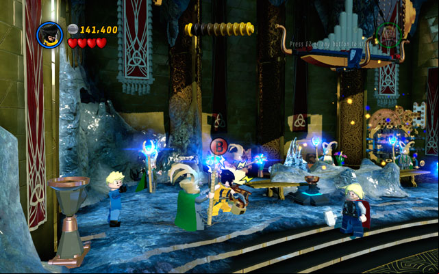 Defeat all giants, then head to the right side of the location, jumping from the one flower to the another - Bifrosty Reception | Walkthrough - Walkthrough - LEGO Marvel Super Heroes Game Guide & Walkthrough