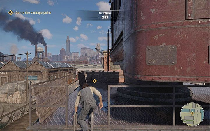 Once the mission begins, you have 1 minute to reach the vantage point and climb to its top - Mafia Definitive Edition: Dock Block - walkthrough - Free raid - Mafia Definitive Edition Guide, Walkthrough