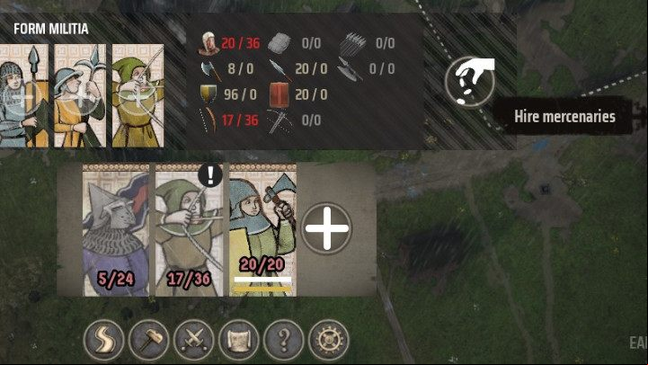 To hire mercenaries, go to the "Army" tab and then press the plus icon - Manor Lords: How to recruit military units? - FAQ - Manor Lords Guide