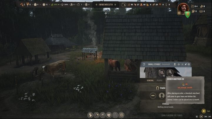 The ox, in breaks between tasks, stays bound to a Hitching Post - Manor Lords: How to manage villagers? - FAQ - Manor Lords Guide