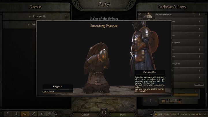 Lords can be killed while you check the party window. - M&B 2 Bannerlord: How to execute of the lord, what are the consequences? - FAQ - Mount and Blade 2 Bannerlord Guide
