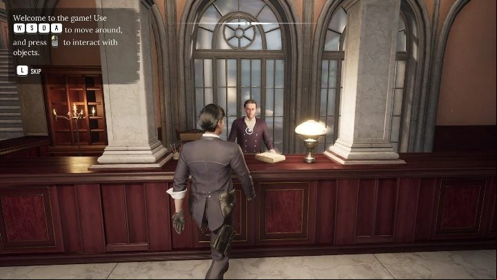 Your first task is to reach the reception desk - Sherlock Holmes Chapter One: A Mothers Love, hotel - walkthrough - Motherly love (beginning) - Sherlock Holmes Chapter One Guide