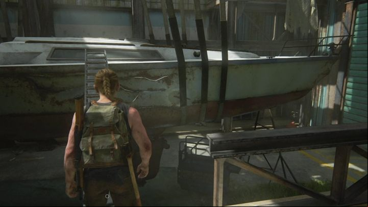 You reach the suspended boat - there is a ladder next to it, place it in such a way so that the ladder touches the boat, creating a pathway - The Last of Us 2: On Foot, Seattle Day 1 Abby walkthrough - Seattle Day 1 - Abby - The Last of Us 2 Guide
